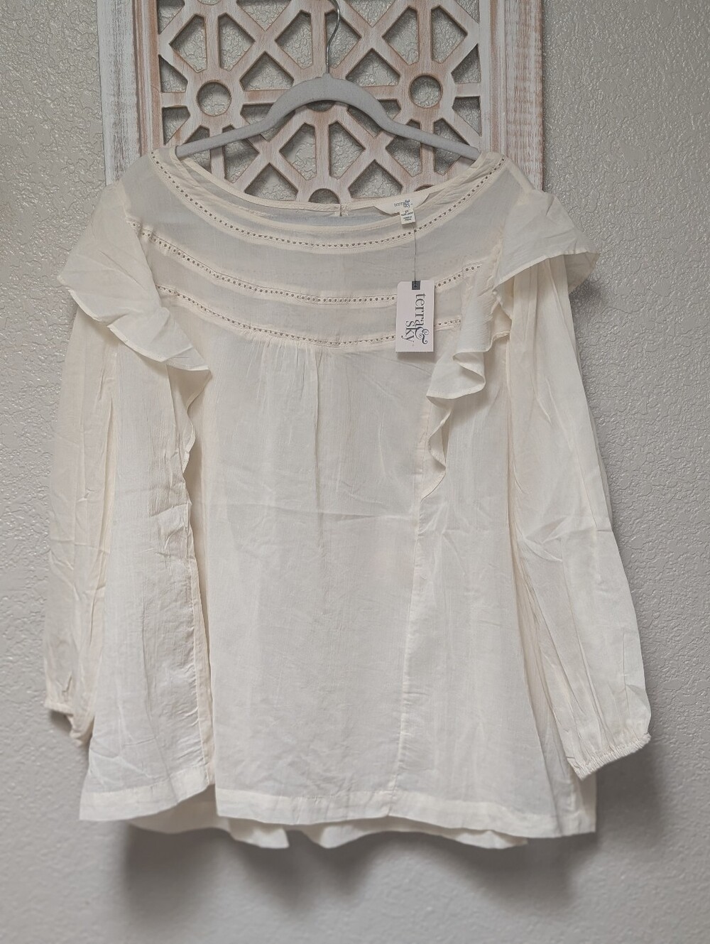 NWT Terra & Sky women's plus size 3X blouse ivory peasant coquette boho ruffles